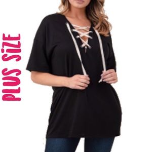Very Cute Black plus lace-up trim pocket tunic top